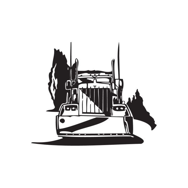Black semi truck wall vinyl decal, detailed cab and trailer silhouette