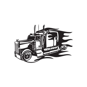 Semi truck vinyl wall decal, black truck with flame-style flame graphics