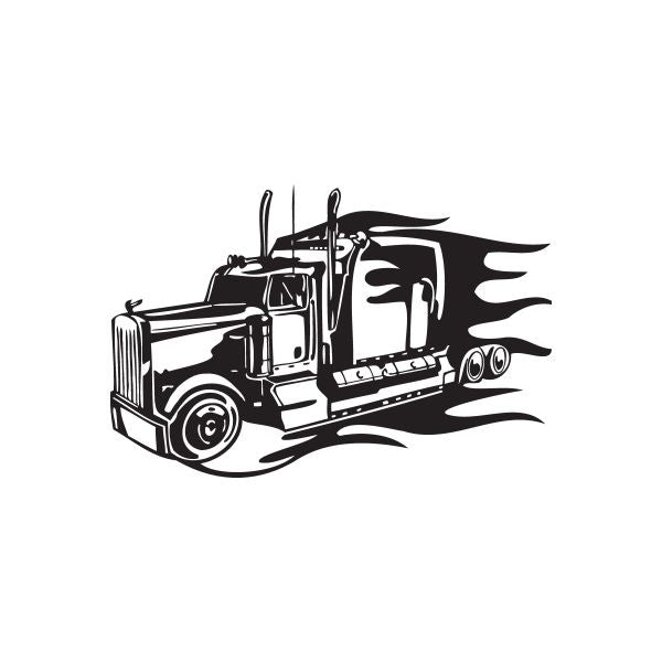 Semi truck vinyl wall decal, black truck with flame-style flame graphics