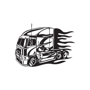 Black vinyl semi truck wall decal with side flames and cab line art