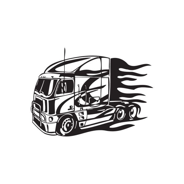 Black vinyl semi truck wall decal with side flames and cab line art