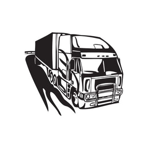 Semi truck wall decal, black and white vinyl silhouette of a cab and trailer