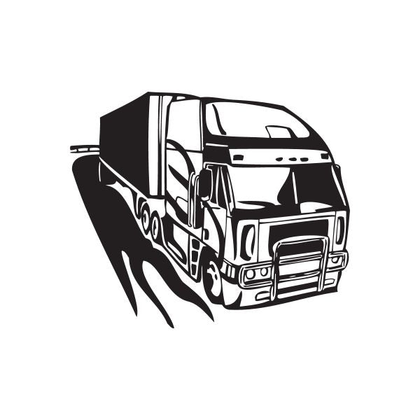 Semi truck wall decal, black and white vinyl silhouette of a cab and trailer