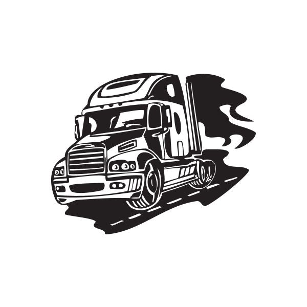Semi truck wall decal, black vinyl silhouette with flame-like tail, clean edges