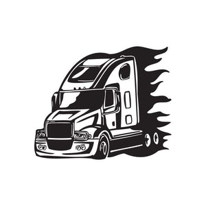Semi truck vinyl wall decal, black outline truck with flame design