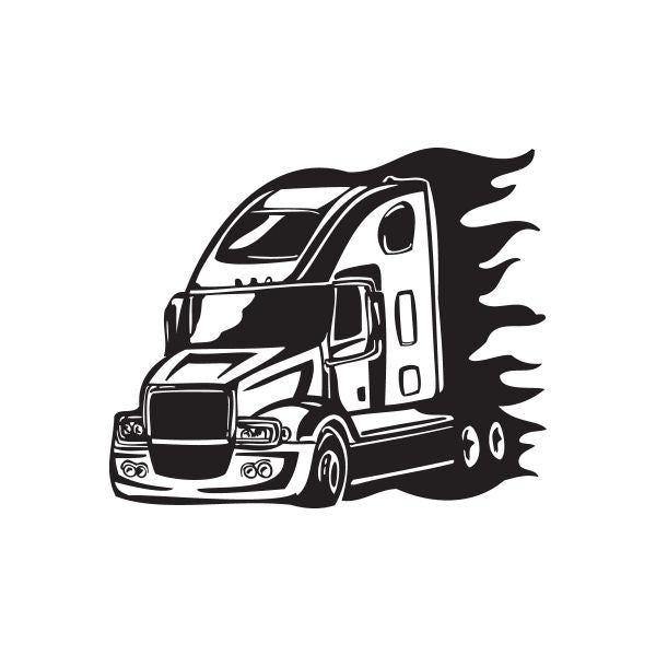 Semi truck vinyl wall decal, black outline truck with flame design