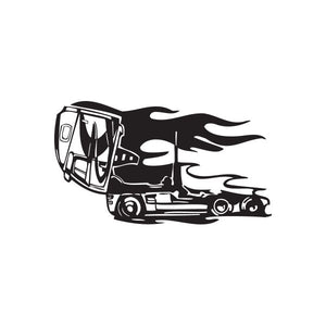 Semi truck wall decal, black vinyl silhouette with flame detail