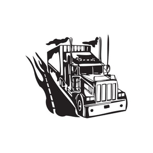 Semi truck wall decal featuring black silhouette of a semi tractor on road streaks