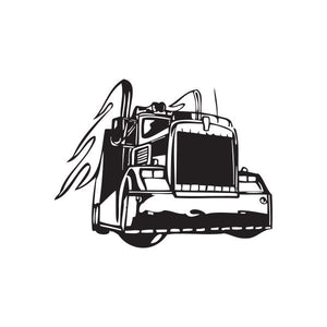 Semi truck wall decal, black vinyl graphic of front cab and flames