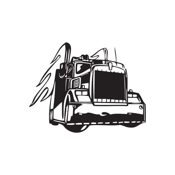 Semi truck wall decal, black vinyl graphic of front cab and flames