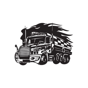 Semi truck wall decal, black vinyl design with flames and checkered cab