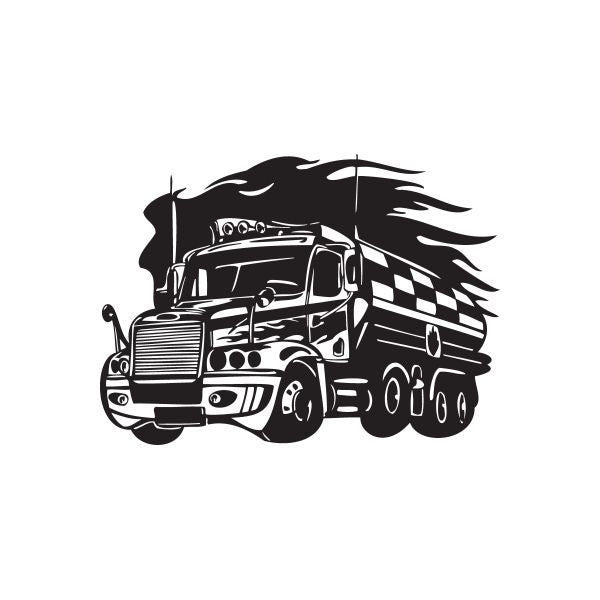 Semi truck wall decal, black vinyl design with flames and checkered cab