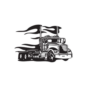 Black semi truck vinyl wall decal with flame accents