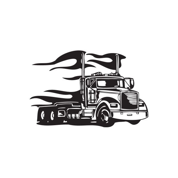 Black semi truck vinyl wall decal with flame accents