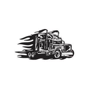 Semi truck wall decal, black silhouette with speed flames
