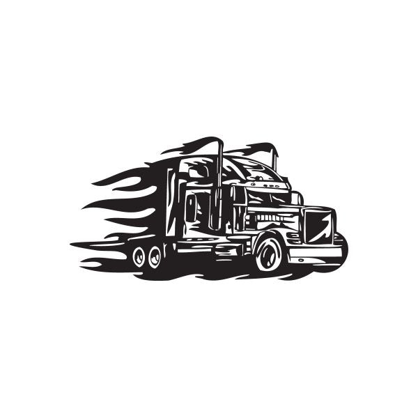 Semi truck wall decal, black silhouette with speed flames