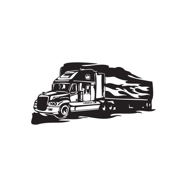 Vinyl semi truck wall decal, black truck with flame graphics
