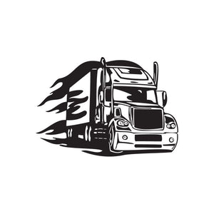 Black semi truck wall decal with flame-style motion lines and cab front