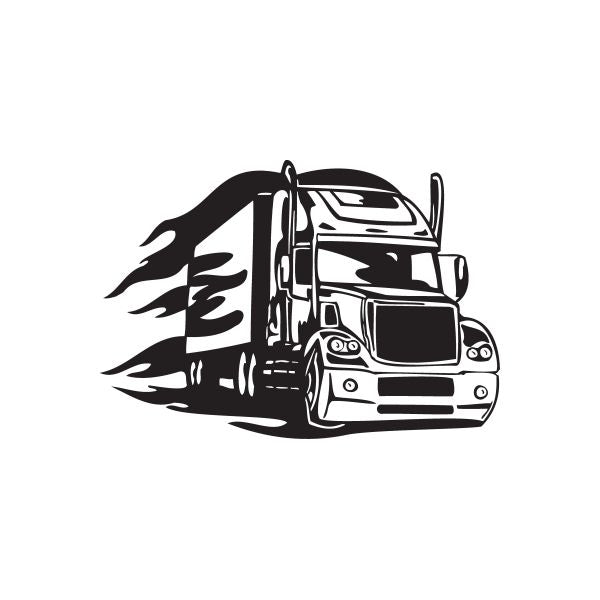 Black semi truck wall decal with flame-style motion lines and cab front