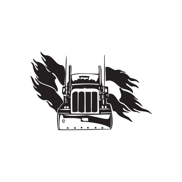 Semi truck vinyl wall decal, black front silhouette with flame graphics