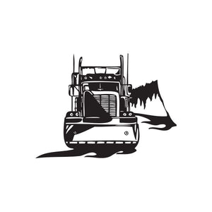 Black semi truck vinyl wall decal silhouette with front cab and trailer