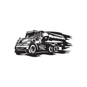 Vinyl semi truck wall decal, black illustrated tractor-trailer silhouette with wheels
