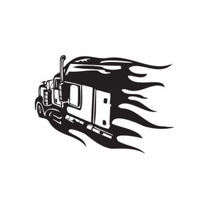 Semi truck vinyl wall decal, black truck with flame graphics