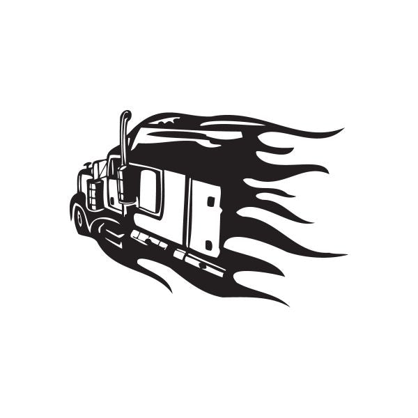 Semi truck vinyl wall decal, black truck with flame graphics