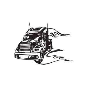Semi truck vinyl wall decal, black outline with flame-style exhaust flames