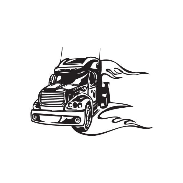 Semi truck vinyl wall decal, black outline with flame-style exhaust flames