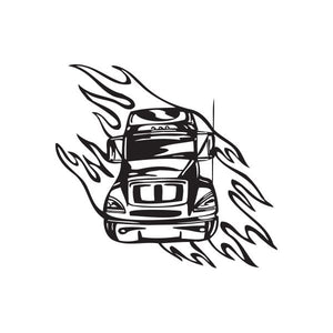 Semi truck vinyl wall decal with black flames and truck silhouette
