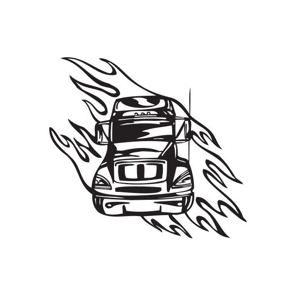 Semi truck vinyl wall decal with black flames and truck silhouette