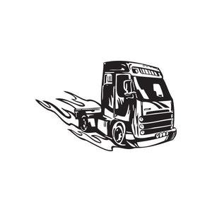 Vinyl semi truck wall decal with flames, black outline graphic