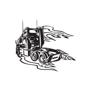 Black semi truck vinyl wall decal with side view cab and flame-style accents