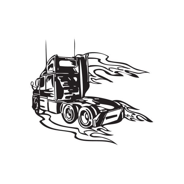 Black semi truck vinyl wall decal with side view cab and flame-style accents