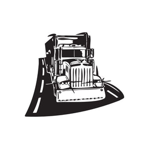 Semi truck wall decal, black vinyl design with truck cab and road lines