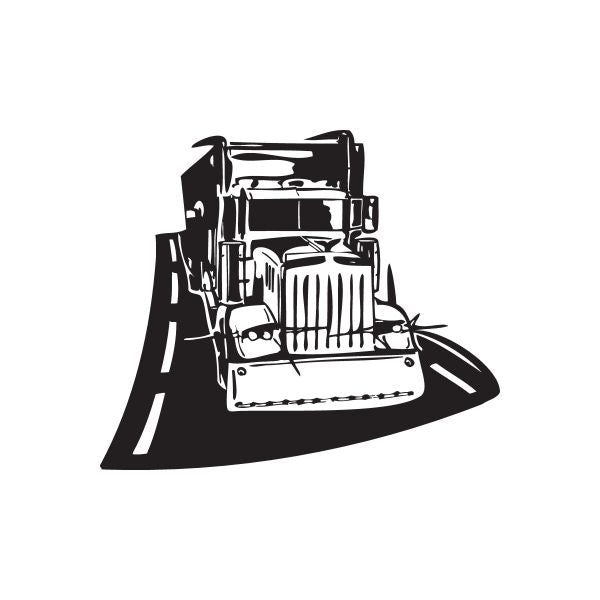 Semi truck wall decal, black vinyl design with truck cab and road lines