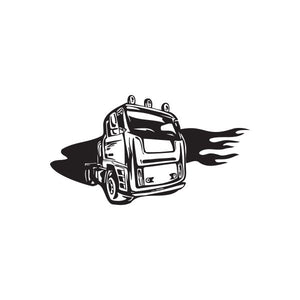 Semi truck wall decal, black outline with flames and front cab