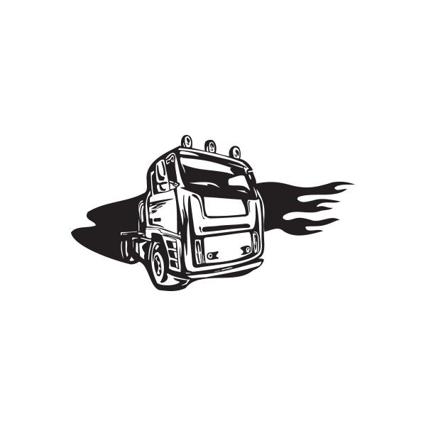 Semi truck wall decal, black outline with flames and front cab