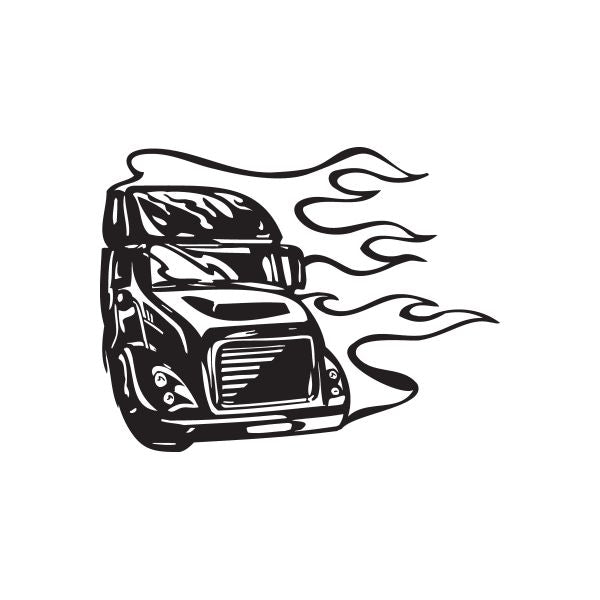 Black semi truck vinyl wall decal with stylized flames on the right