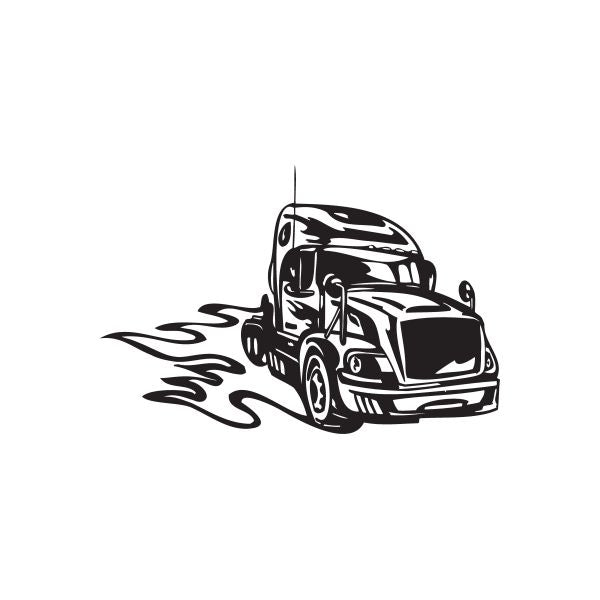 Semi truck wall decal with black truck and flame graphic