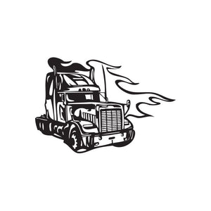 Semi truck wall decal with flames, black and white graphic