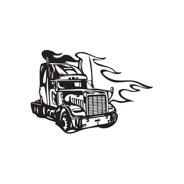 Semi truck wall decal with flames, black and white graphic