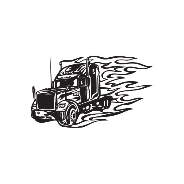 Black semi truck wall decal with a flowing flame trail