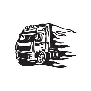 Semi truck wall decal with black flames, vinyl-style silhouette of cab and trailer.