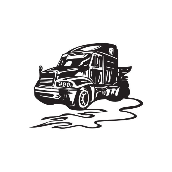 Semi truck vinyl wall decal, black silhouette with tire tracks and flames