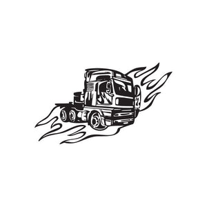 Black semi truck vinyl wall decal with stylized flames and motion lines