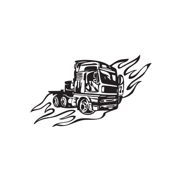 Black semi truck vinyl wall decal with stylized flames and motion lines