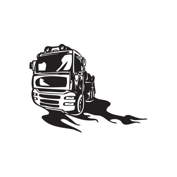 Semi truck wall decal vinyl sticker, black truck silhouette with road flames