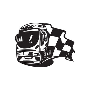 Vinyl semi truck wall decal of black cab with checkered flag banner